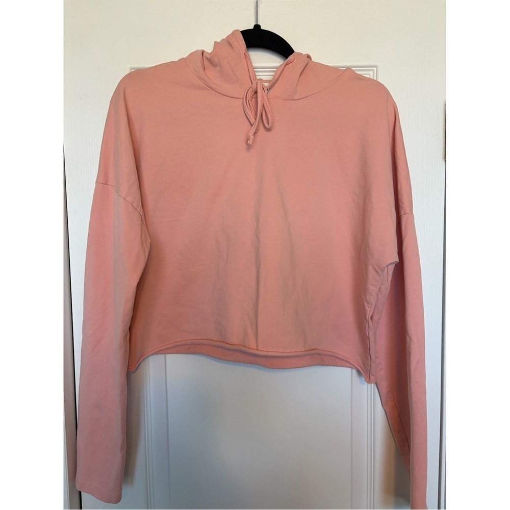 Luca + Grae Womens Peach Pink Cropped Hoodie Raw Hem Sweatshirt Size L